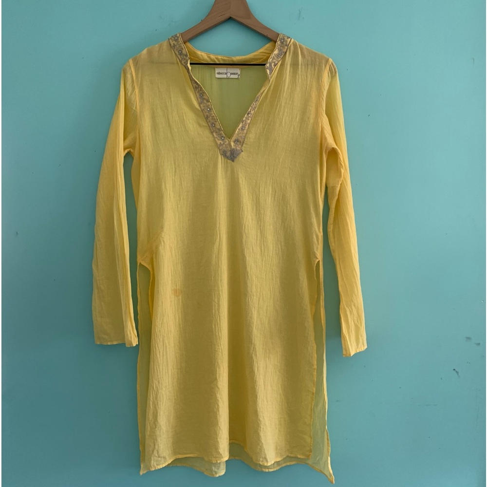 Rebecca Beeson Crinkle Long Bell Sleeve Pullover Tunic Top Yellow M